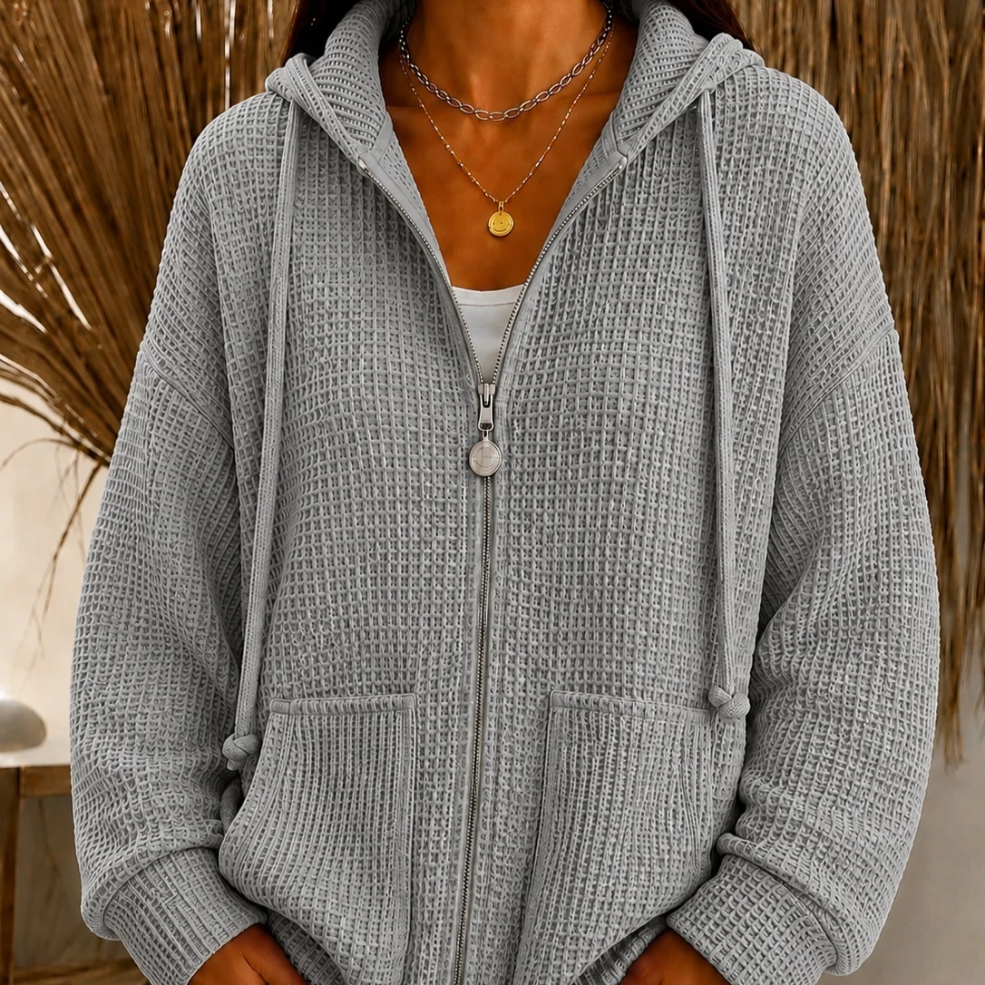 Drawstring Hooded Waffle Zip Hoodie — image 2