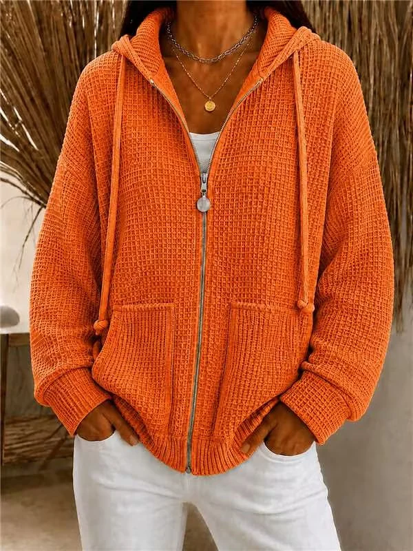 Drawstring Hooded Waffle Zip Hoodie — image 6