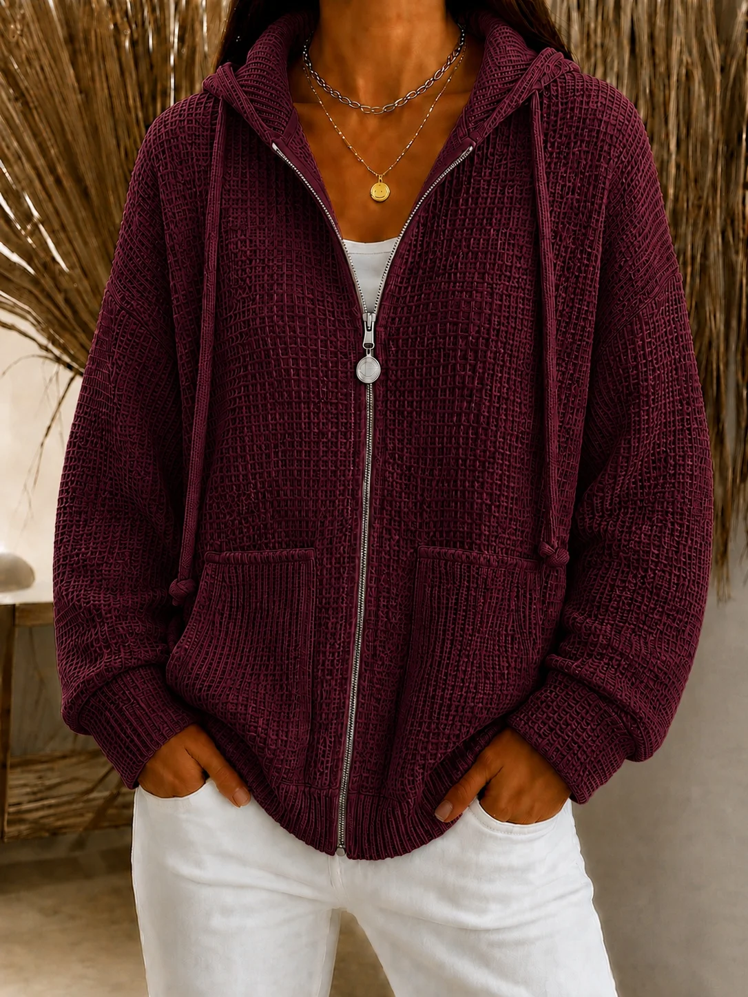 Drawstring Hooded Waffle Zip Hoodie — image 5