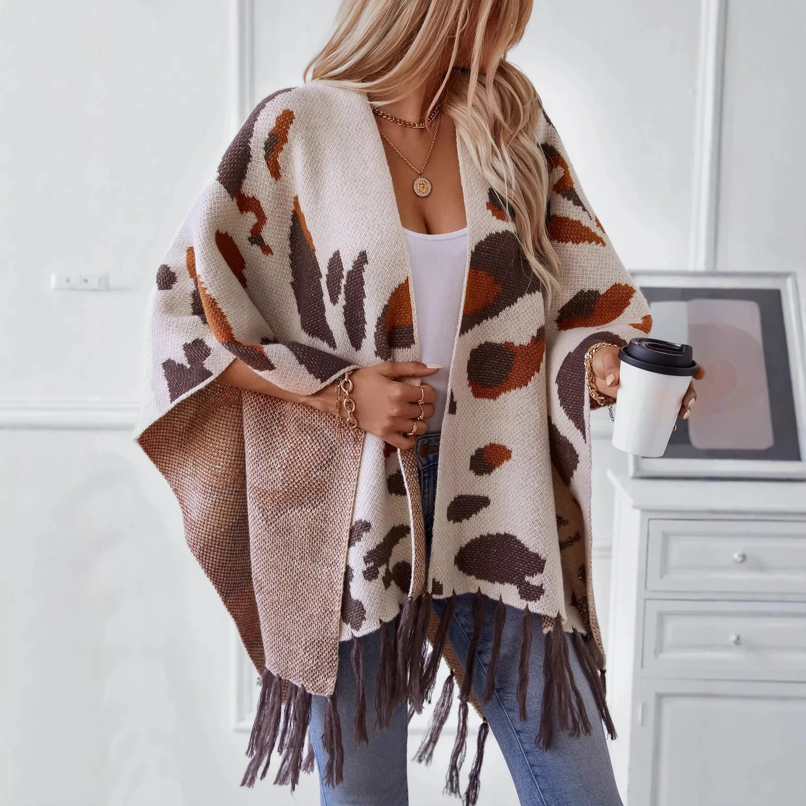 Drizzle-color Leopard-print Knitted Tassel Capeshoulder Wrap For Women — image 6