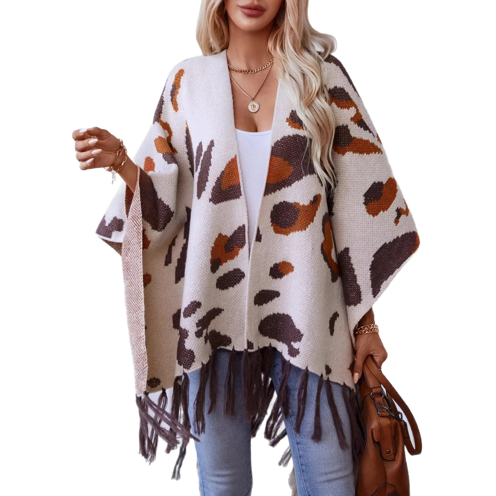 Drizzle-color Leopard-print Knitted Tassel Capeshoulder Wrap For Women — image 2