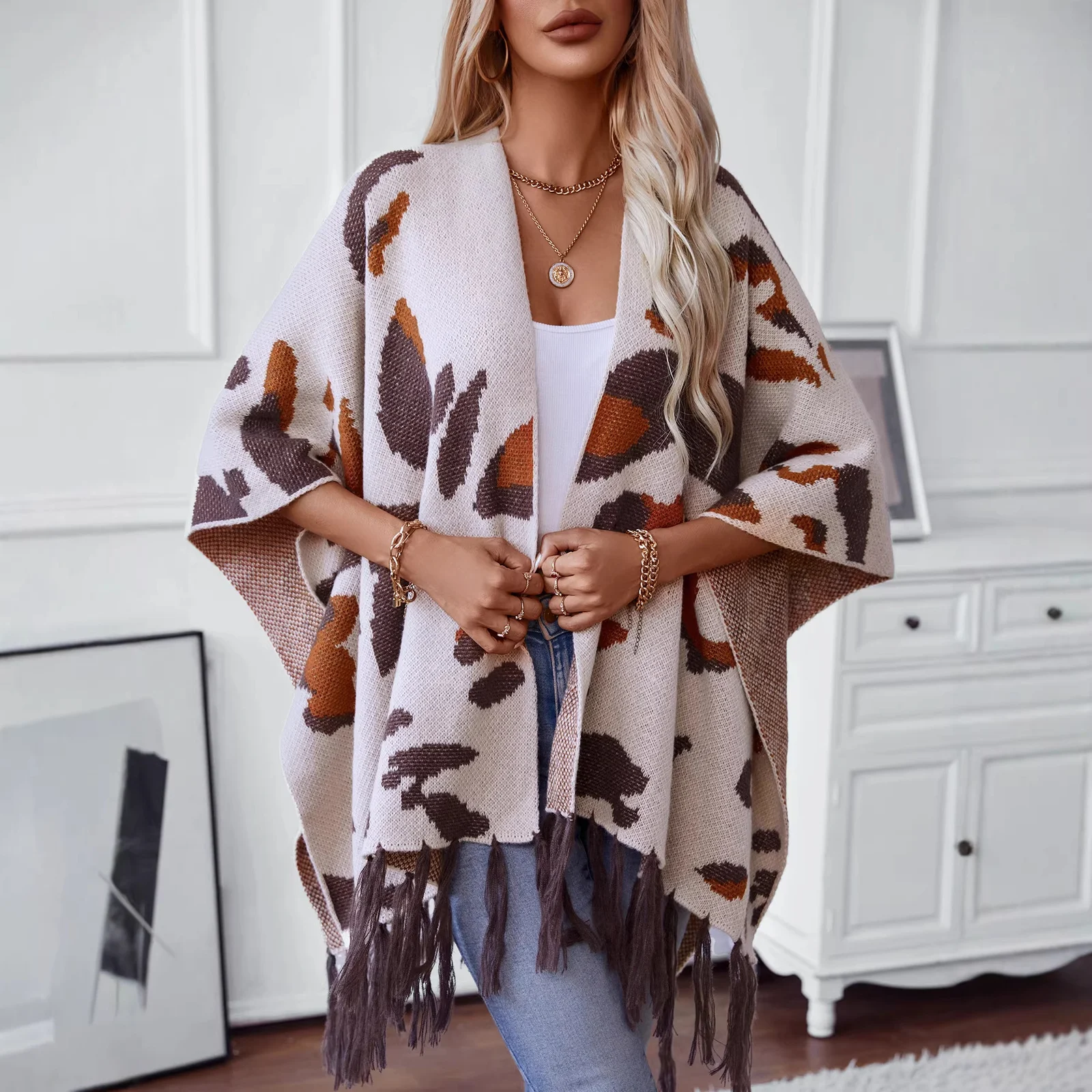 Drizzle-color Leopard-print Knitted Tassel Capeshoulder Wrap For Women — image 7