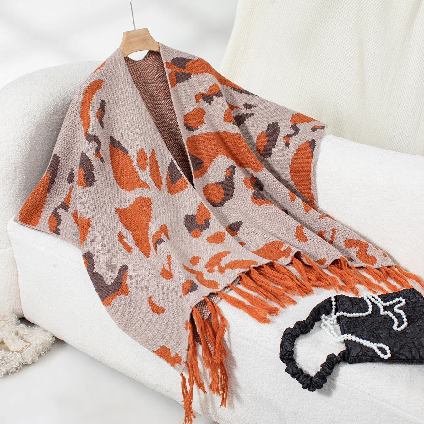 Drizzle-color Leopard-print Knitted Tassel Capeshoulder Wrap For Women — variant image