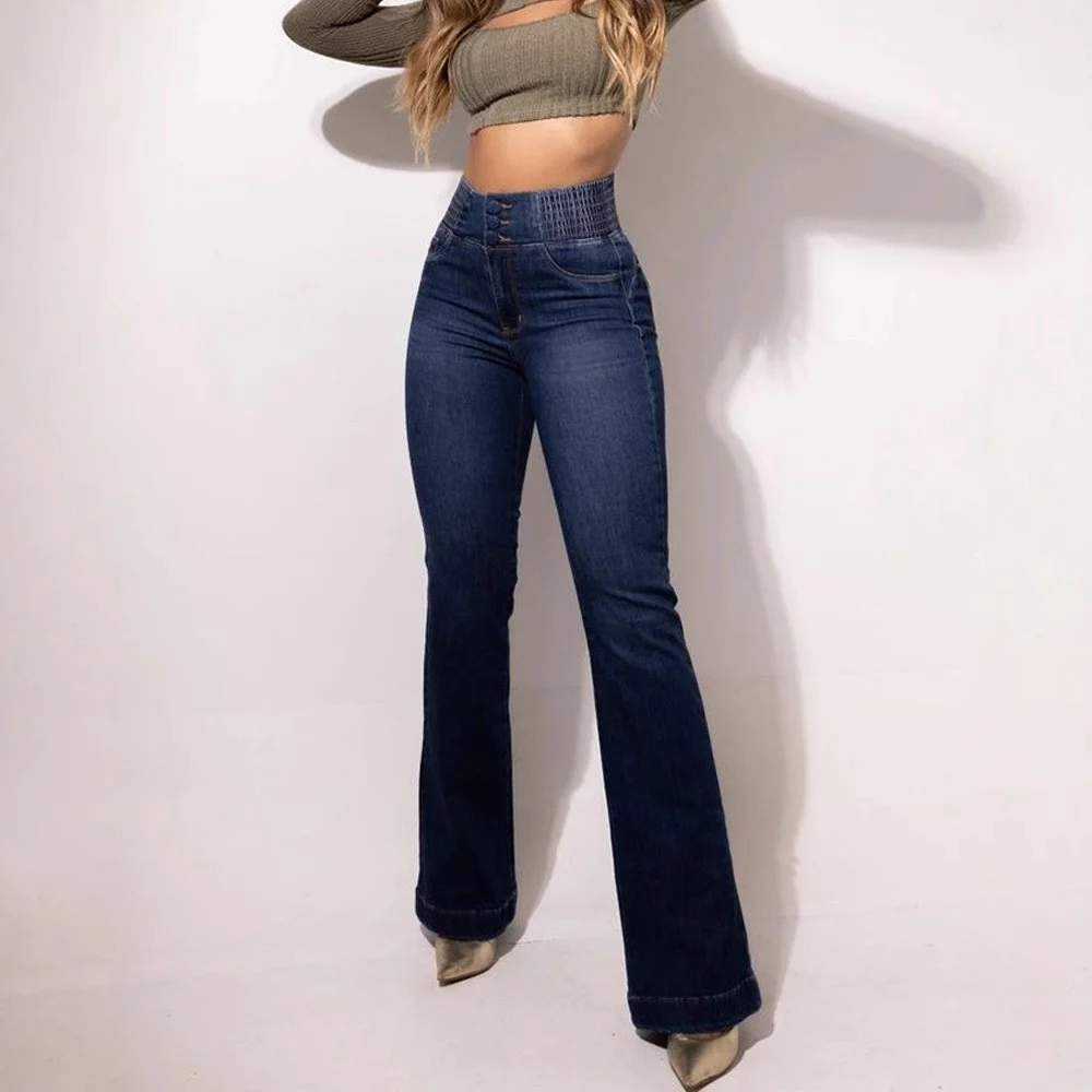 Elastic Waisted High-waist Stretch Slim-fit Boot-lift Denim Trousers — image 5