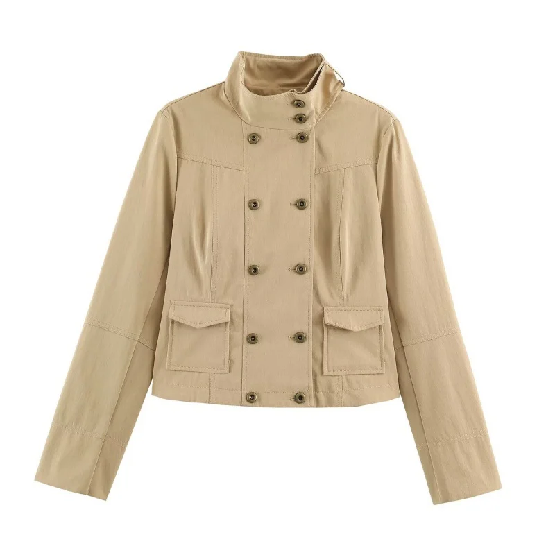 Elegant Double-breasted Coat Featuring A Stand-up Collar, Pockets, And Fitted Waist — image 2