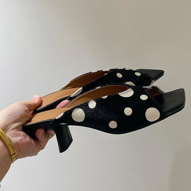 Elegant Polka-dot Square-toe Horsehair Slippers For Women — image 6