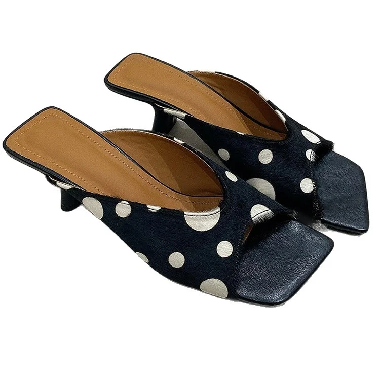 Elegant Polka-dot Square-toe Horsehair Slippers For Women — image 3