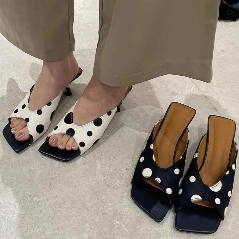Elegant Polka-dot Square-toe Horsehair Slippers For Women — image 5