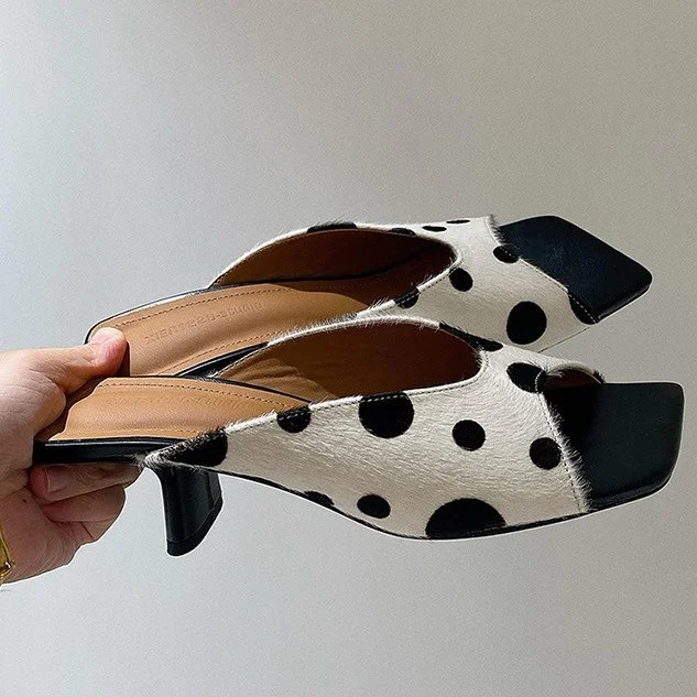 Elegant Polka-dot Square-toe Horsehair Slippers For Women — image 4