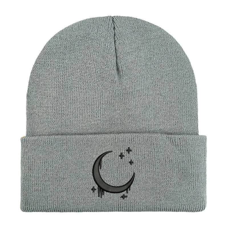 Embroidered Knitted Hat With Moon And Stars Design Autumnwinter Wool — variant image