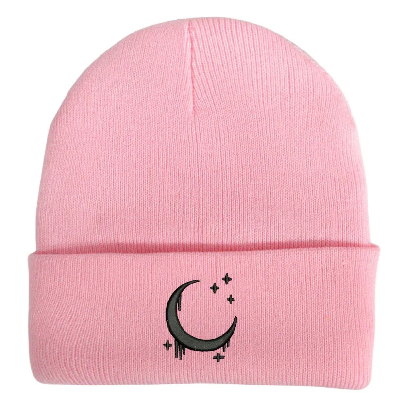 Embroidered Knitted Hat With Moon And Stars Design Autumnwinter Wool — variant image