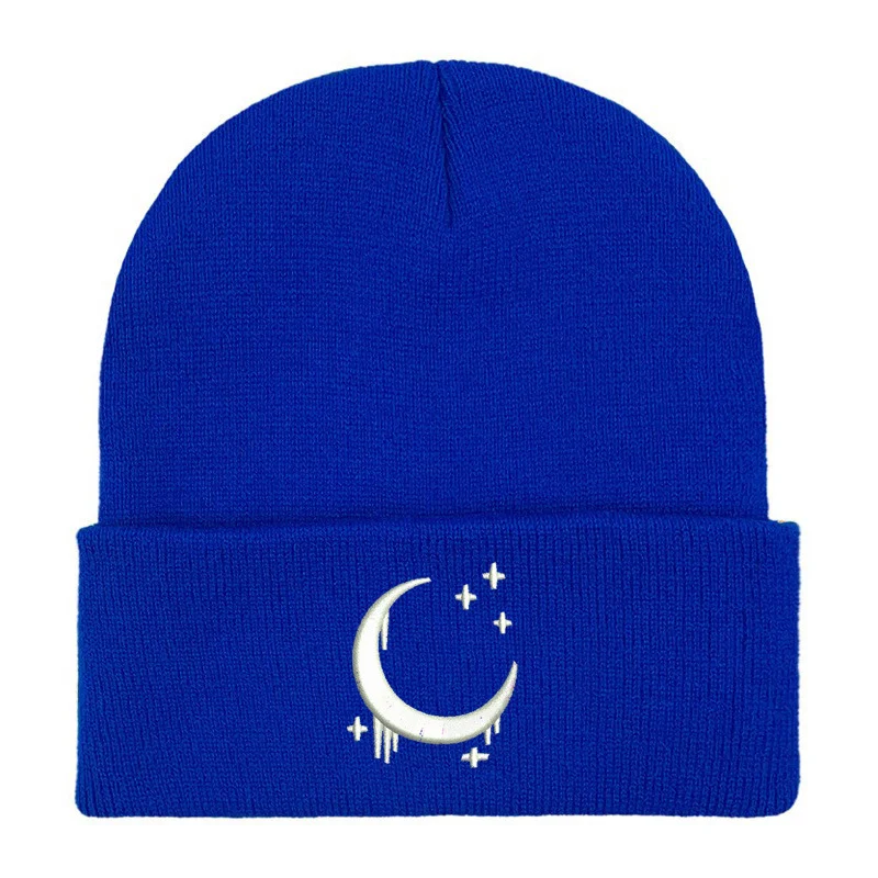 Embroidered Knitted Hat With Moon And Stars Design Autumnwinter Wool — variant image