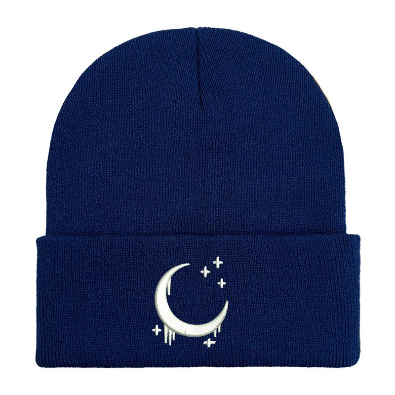 Embroidered Knitted Hat With Moon And Stars Design Autumnwinter Wool — variant image