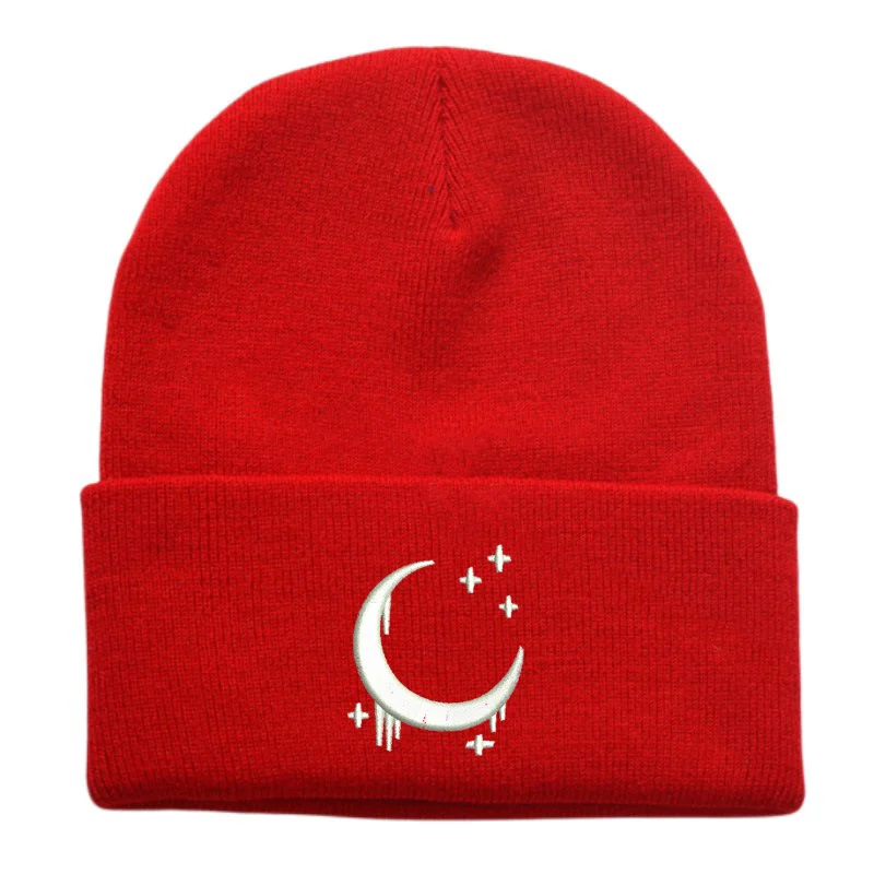 Embroidered Knitted Hat With Moon And Stars Design Autumnwinter Wool — variant image