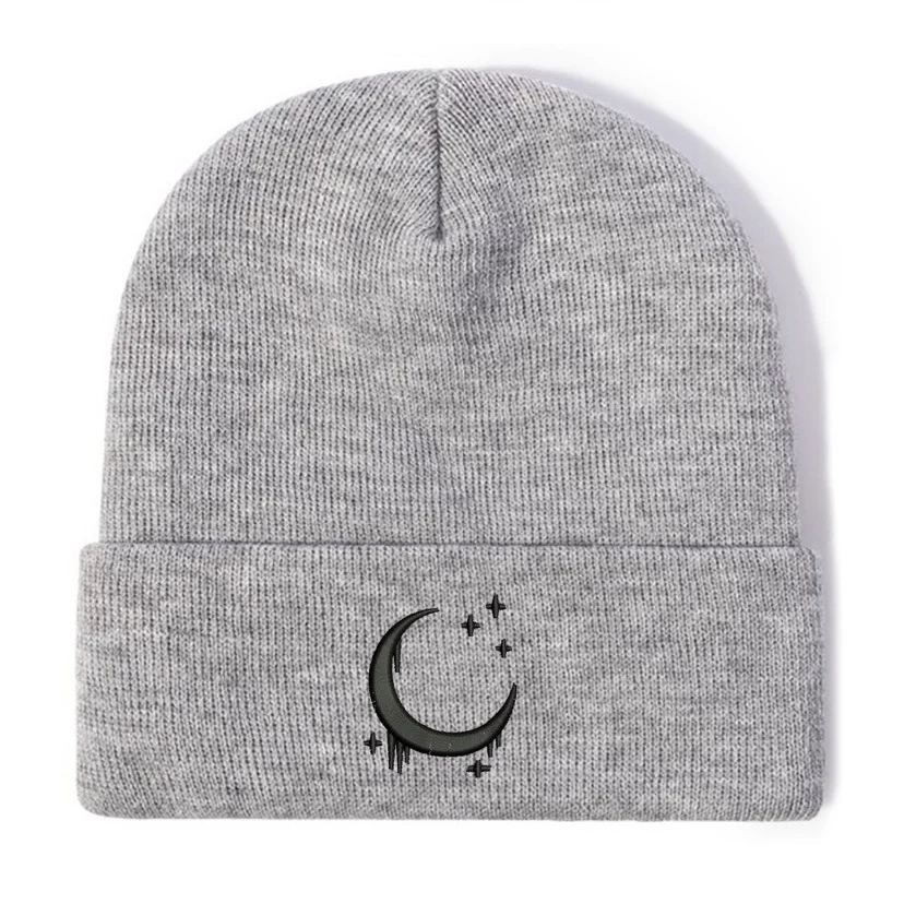Embroidered Knitted Hat With Moon And Stars Design Autumnwinter Wool — image 5