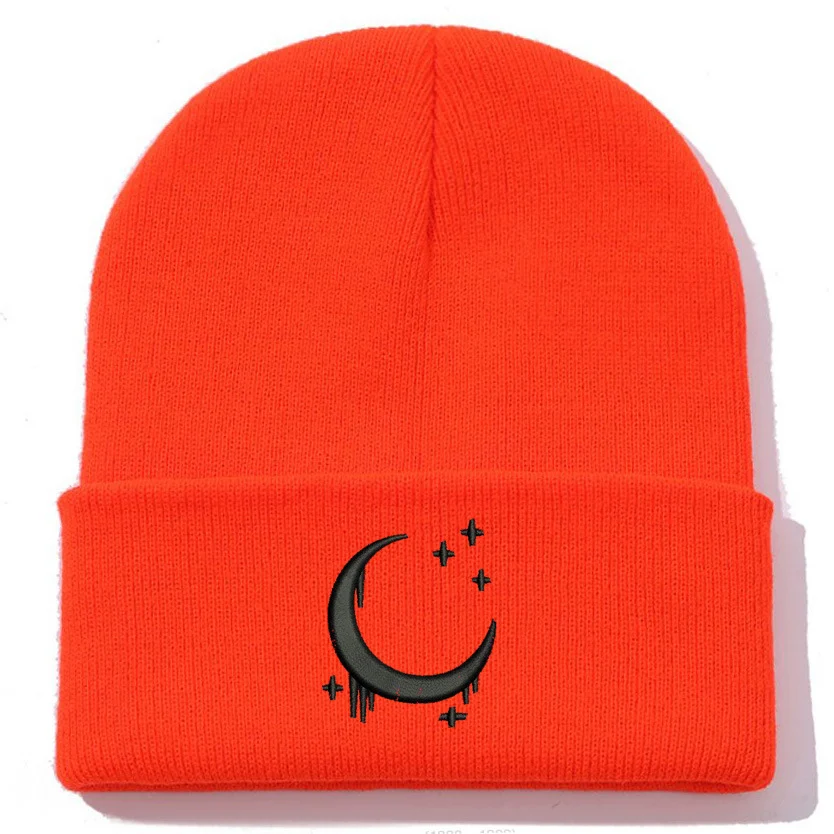 Embroidered Knitted Hat With Moon And Stars Design Autumnwinter Wool — variant image