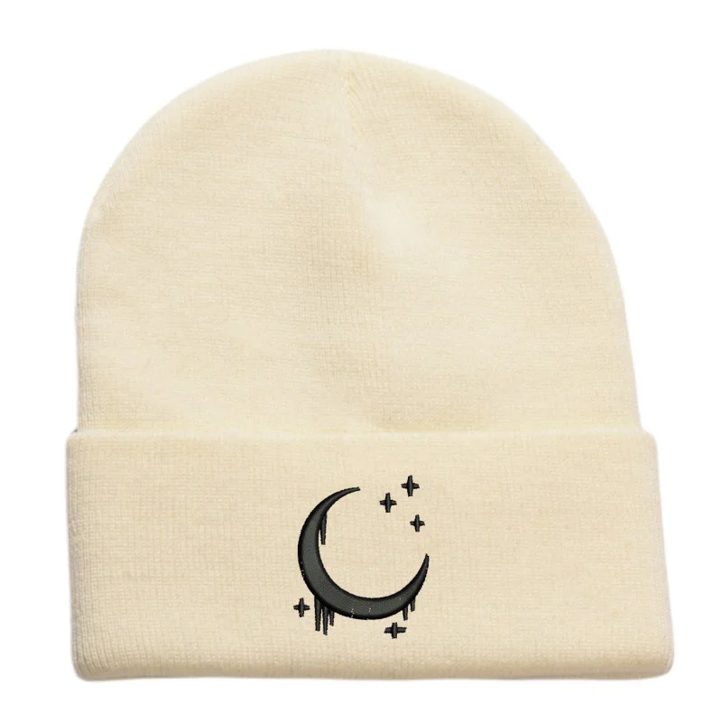 Embroidered Knitted Hat With Moon And Stars Design Autumnwinter Wool — variant image