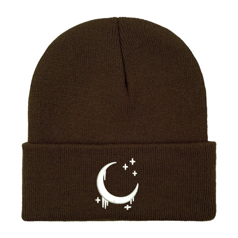 Embroidered Knitted Hat With Moon And Stars Design Autumnwinter Wool — variant image