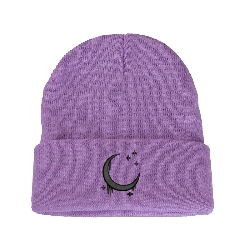 Embroidered Knitted Hat With Moon And Stars Design Autumnwinter Wool — variant image
