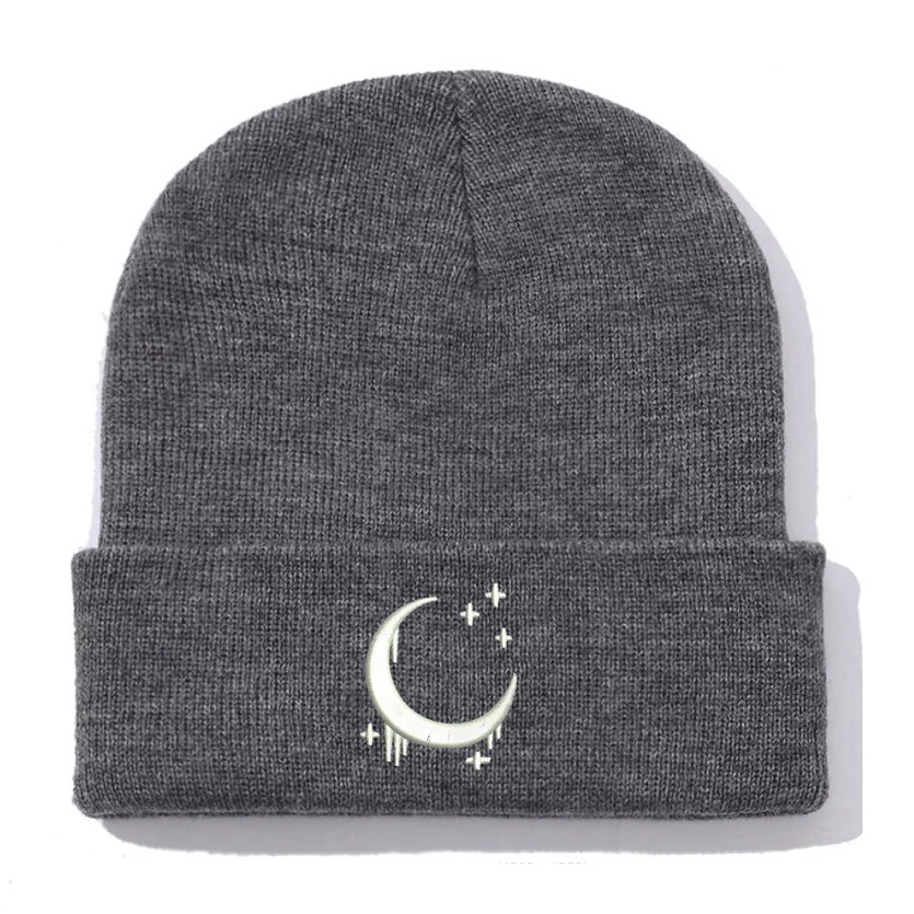 Embroidered Knitted Hat With Moon And Stars Design Autumnwinter Wool — variant image