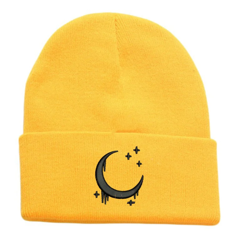 Embroidered Knitted Hat With Moon And Stars Design Autumnwinter Wool — variant image