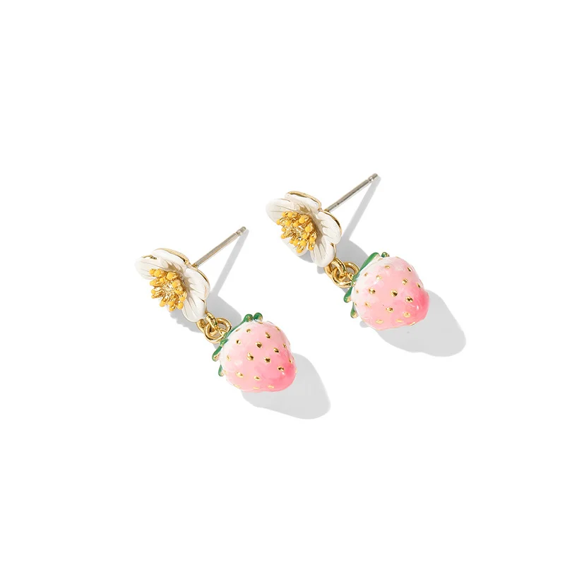 Enamel Strawberry Silver Needle Earrings For Women — image 4