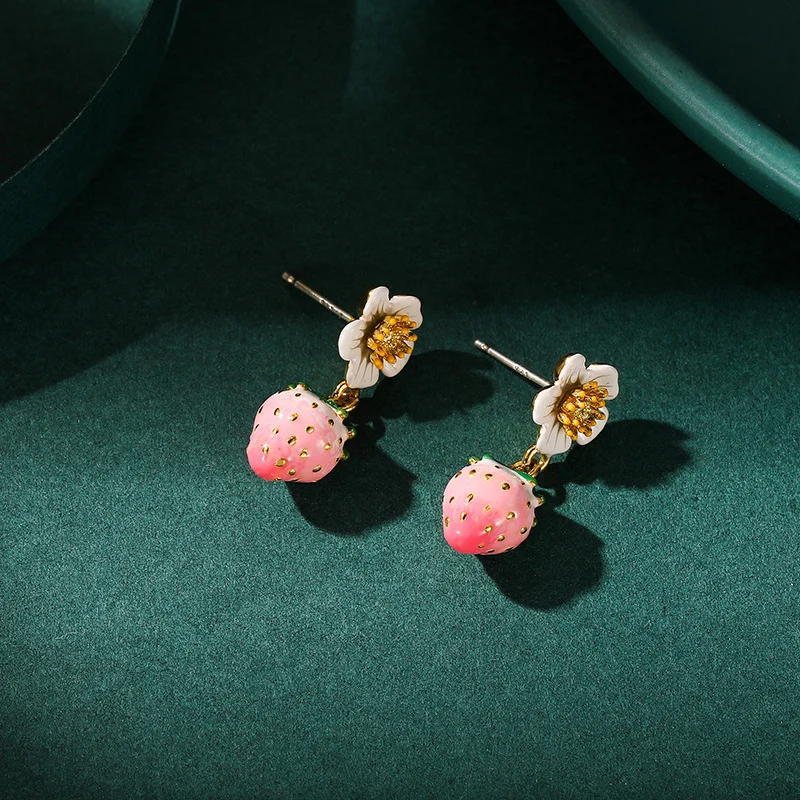 Enamel Strawberry Silver Needle Earrings For Women — image 5