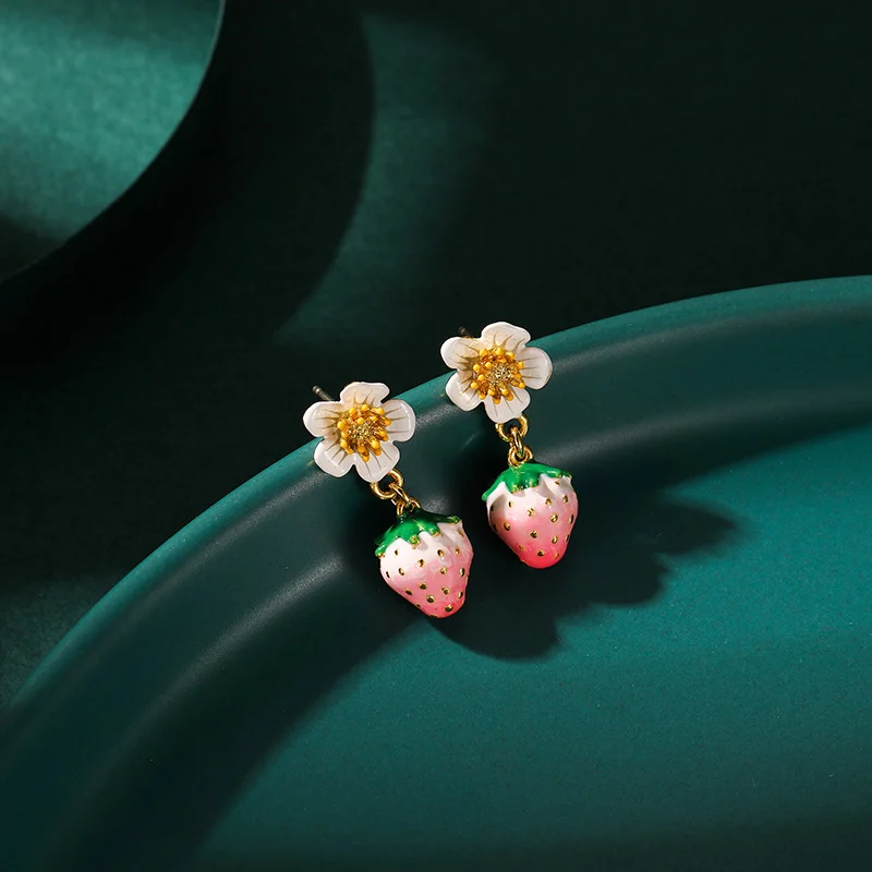 Enamel Strawberry Silver Needle Earrings For Women — image 3