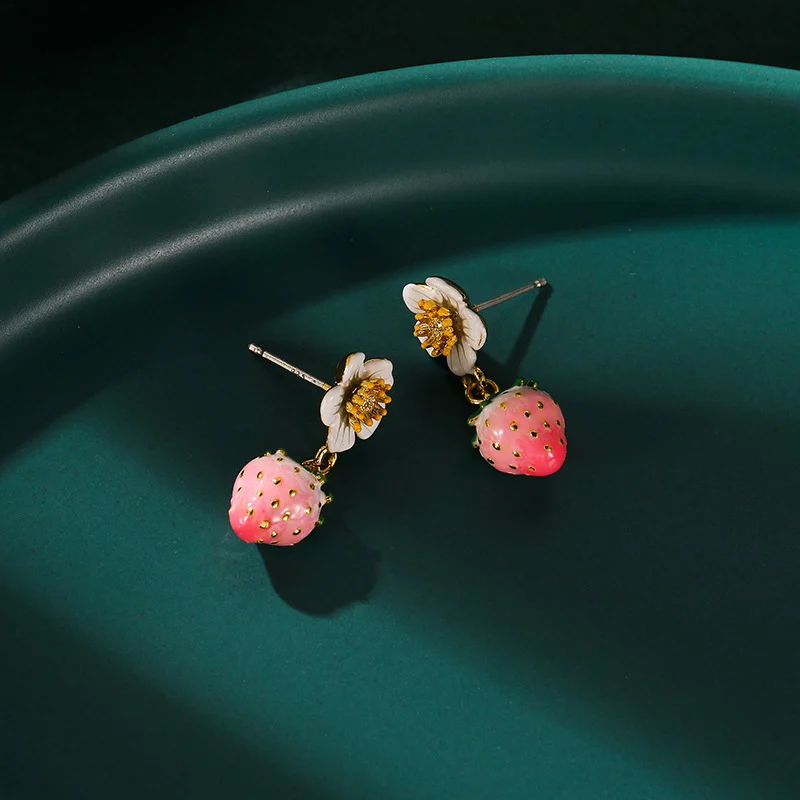 Enamel Strawberry Silver Needle Earrings For Women — image 2