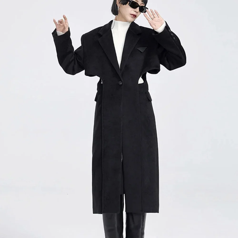 Fake Two-piece Hollow-out Long Wool Coat — image 6