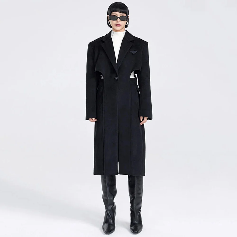 Fake Two-piece Hollow-out Long Wool Coat — image 4