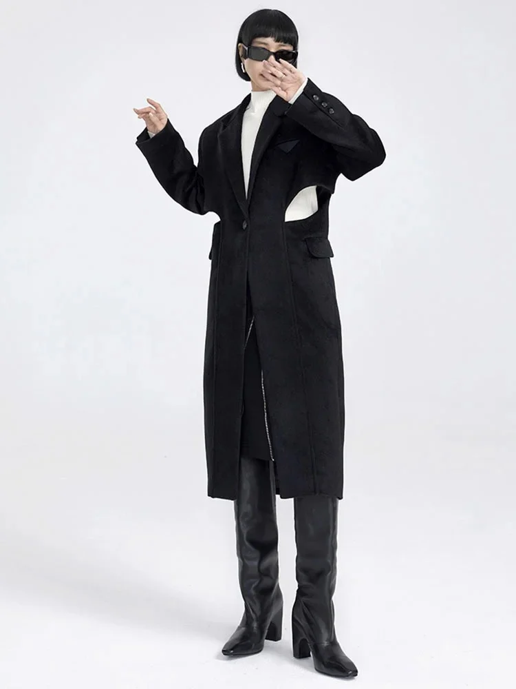 Fake Two-piece Hollow-out Long Wool Coat — image 2