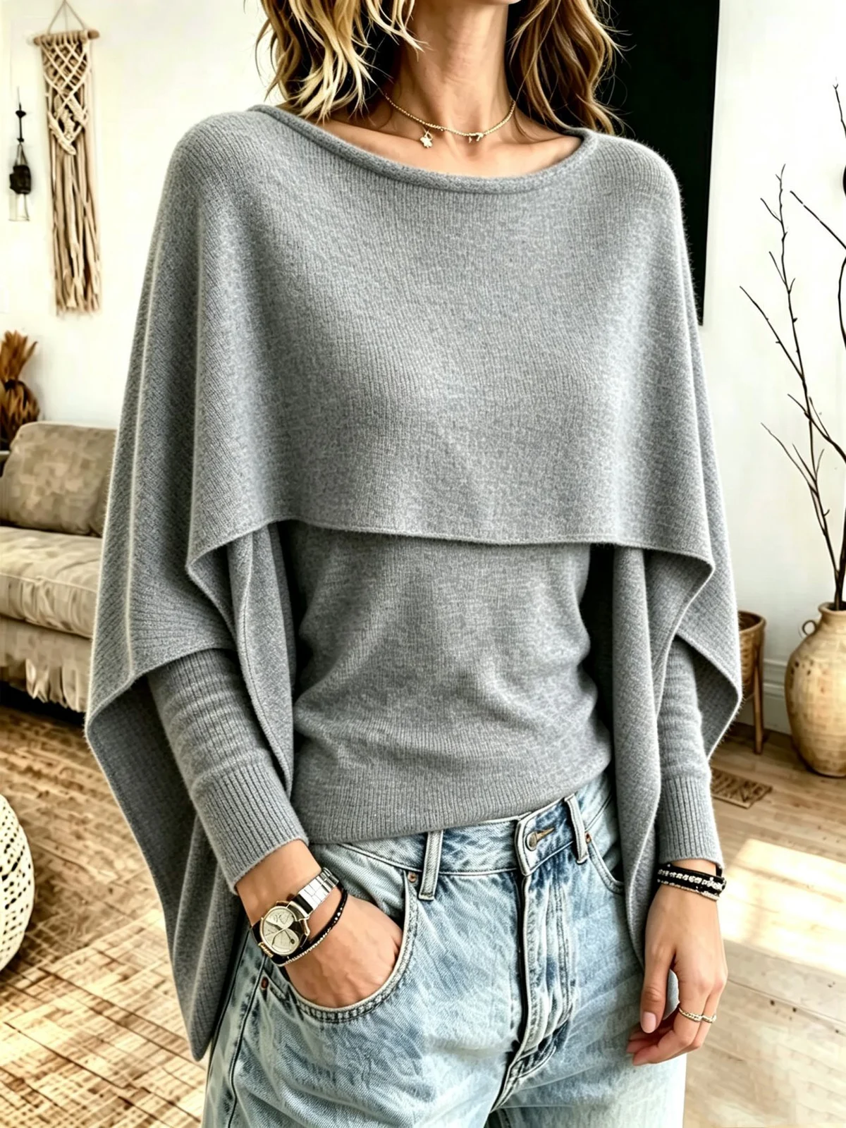 Fake Two-piece Shawl Knitted Sweater Women's Top — image 4