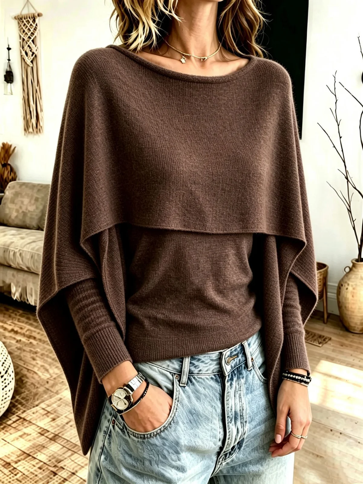 Fake Two-piece Shawl Knitted Sweater Women's Top — image 8