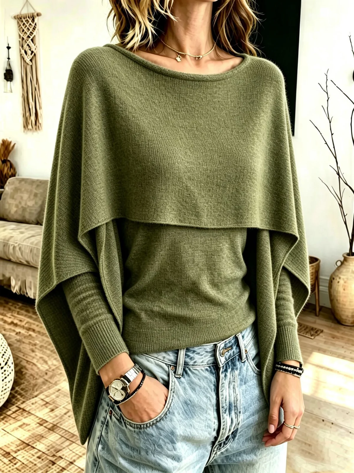 Fake Two-piece Shawl Knitted Sweater Women's Top — image 3