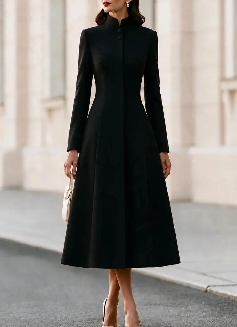 Fall Winter French-style Stand Collar Single-breasted Trench Coat Dress, Cinched… — image 9