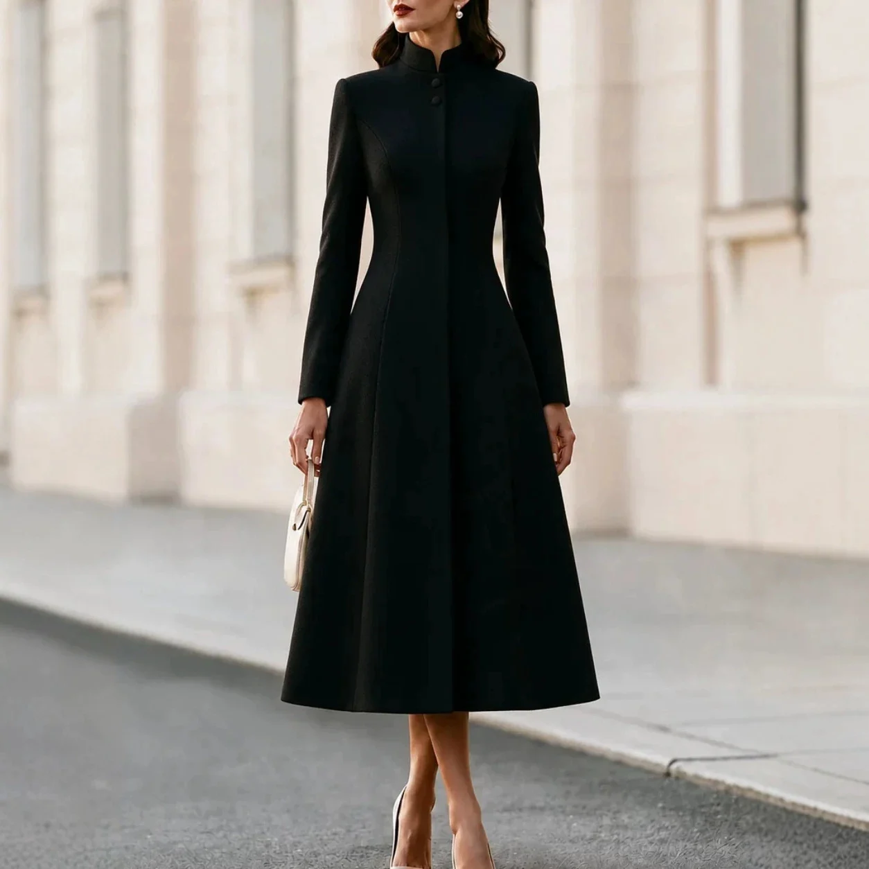 Fall Winter French-style Stand Collar Single-breasted Trench Coat Dress, Cinched… — image 8