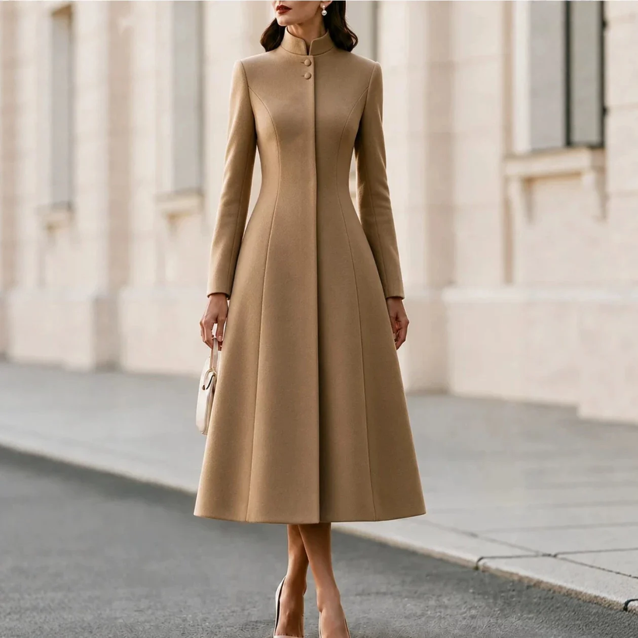 Fall Winter French-style Stand Collar Single-breasted Trench Coat Dress, Cinched… — image 6