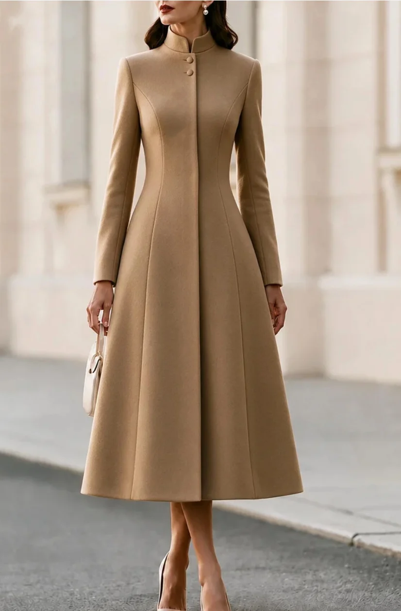 Fall Winter French-style Stand Collar Single-breasted Trench Coat Dress, Cinched… — image 4