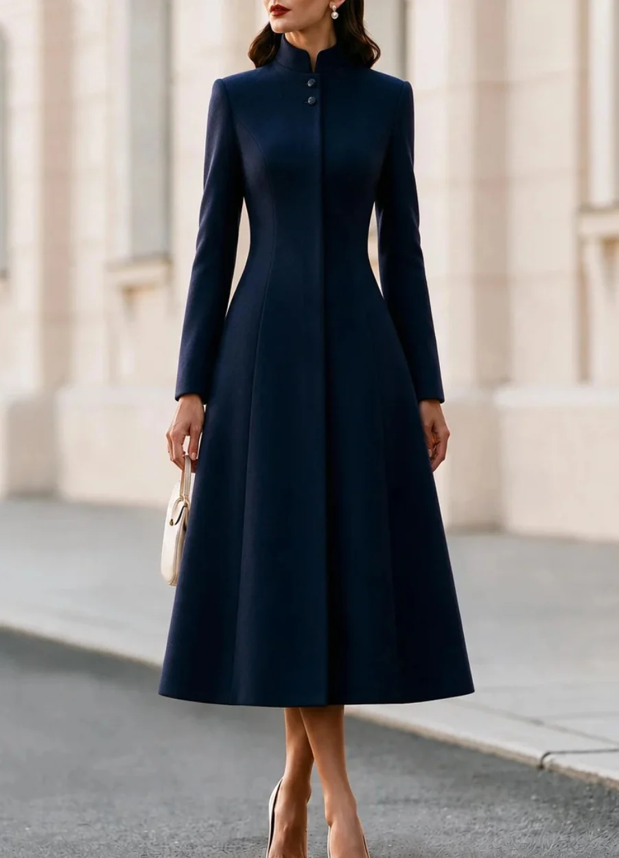 Fall Winter French-style Stand Collar Single-breasted Trench Coat Dress, Cinched… — image 3