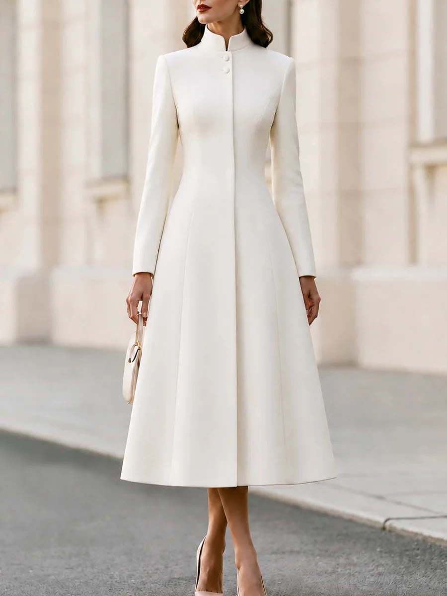 Fall Winter French-style Stand Collar Single-breasted Trench Coat Dress, Cinched… — image 2