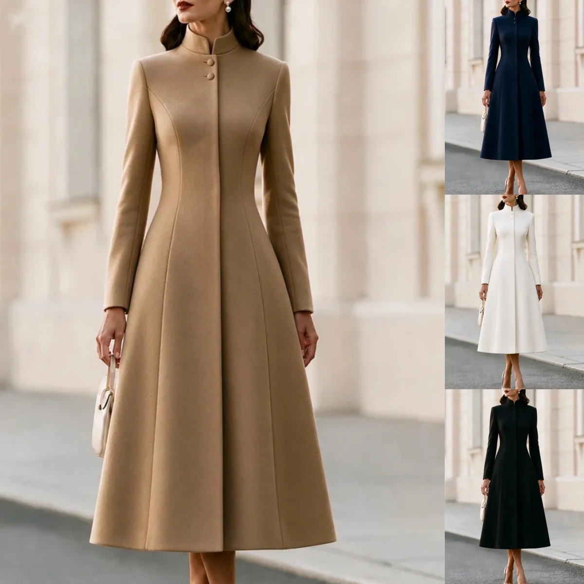 Fall Winter French-style Stand Collar Single-breasted Trench Coat Dress, Cinched… — image 5