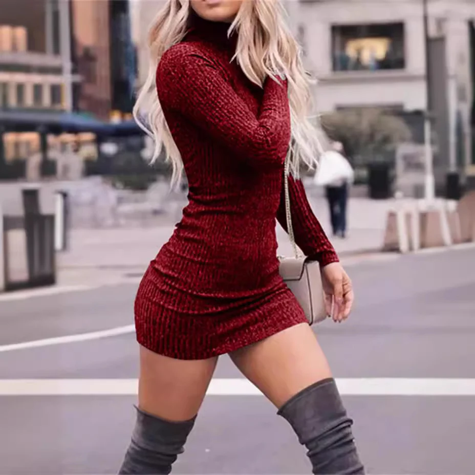 Fall Winter Women's High Neck Long Sleeve Knit T Shirts Sexy Fitted Dresses — image 5