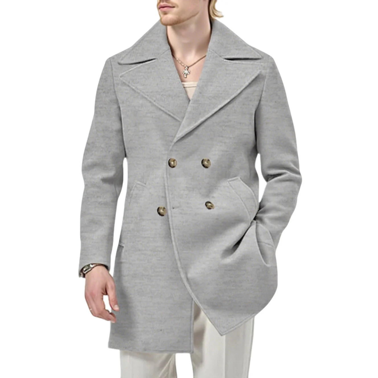 Fallwinter Solid-color Mid-length Trench Coat For Men — image 1