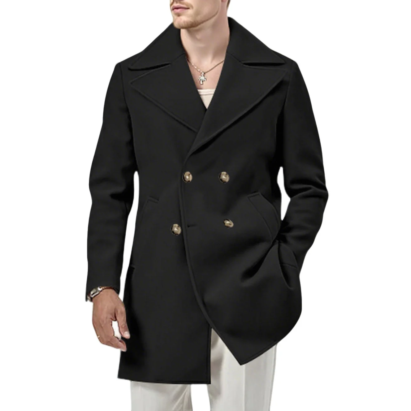 Fallwinter Solid-color Mid-length Trench Coat For Men — image 3
