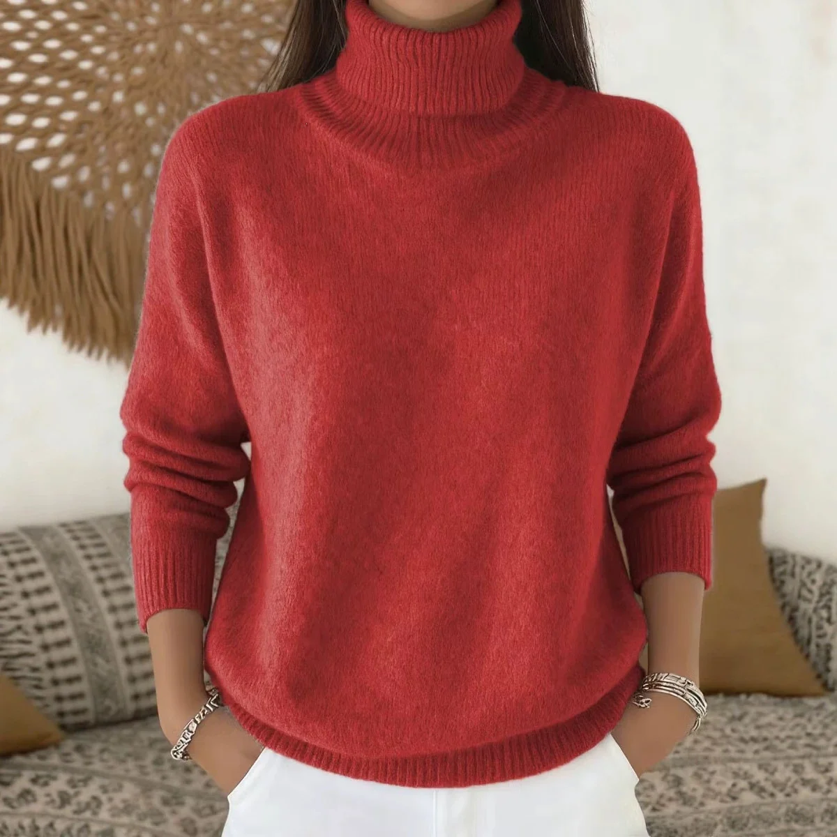Fashion Ladies Solid Color Casual Knitted Turtleneck Pullover — image 7