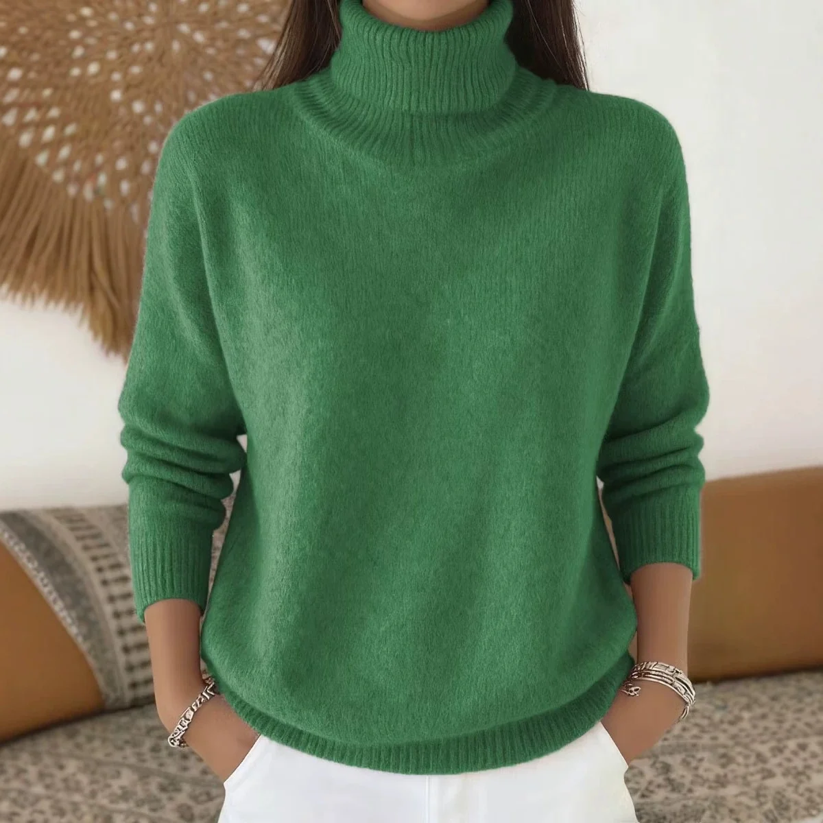 Fashion Ladies Solid Color Casual Knitted Turtleneck Pullover — image 4