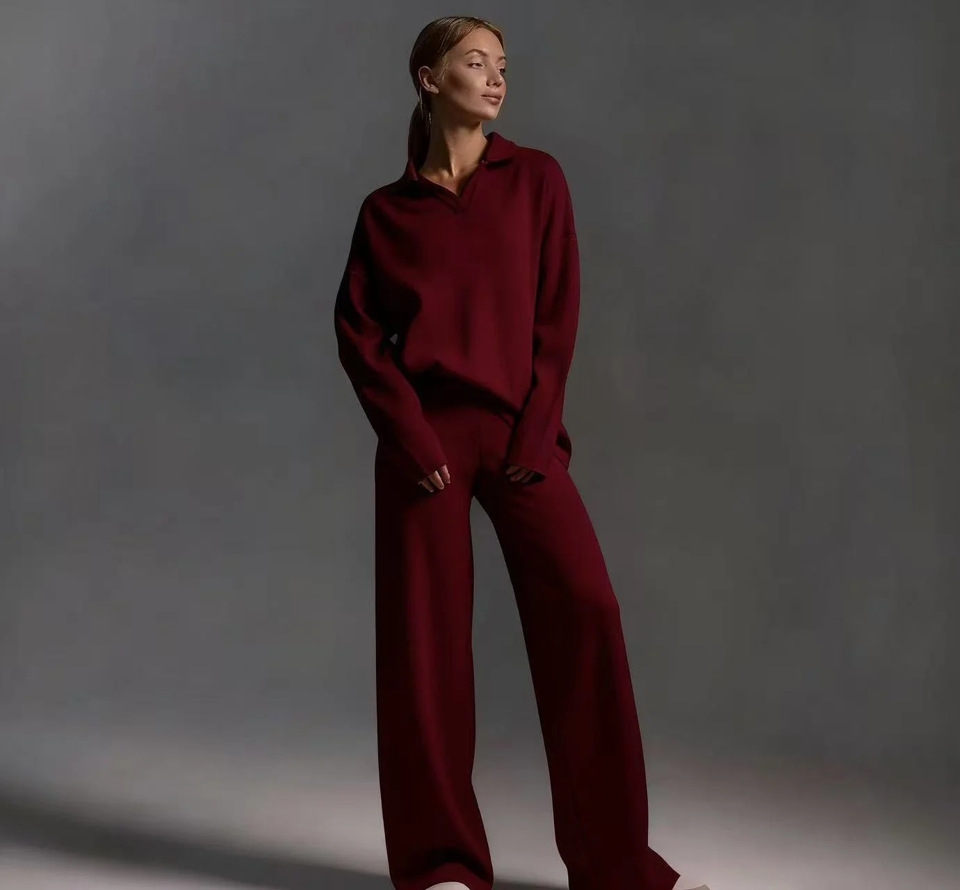 Fashion Tiktok Solid Color Autumn Winter Suit With Polo Neck And Wide Leg Pants Two… — image 3