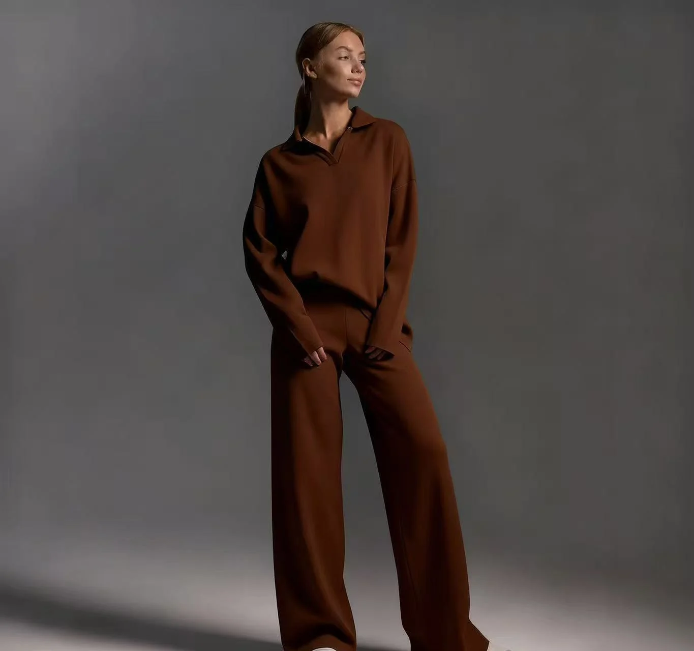 Fashion Tiktok Solid Color Autumn Winter Suit With Polo Neck And Wide Leg Pants Two… — image 5