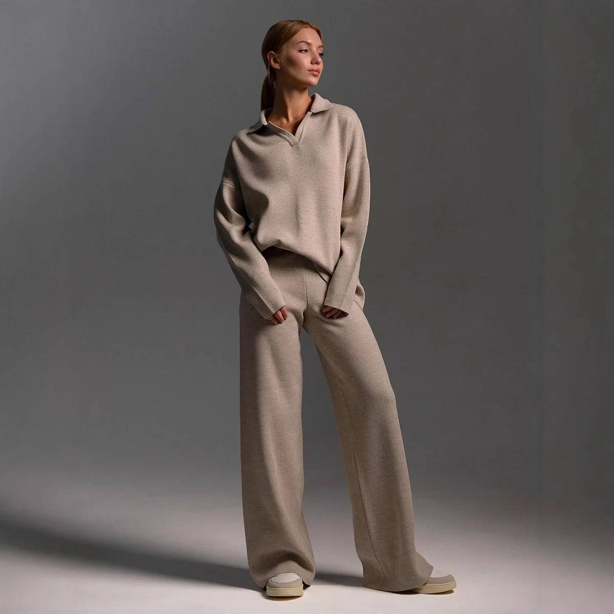 Fashion Tiktok Solid Color Autumn Winter Suit With Polo Neck And Wide Leg Pants Two… — image 4